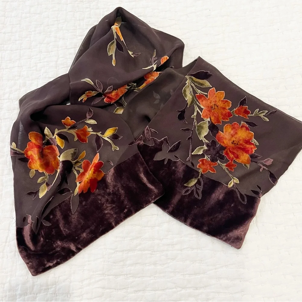 Echo Silk Velvet Burnout Scarf Women Rectangular Brown Floral Sheer Chiffon Luxe